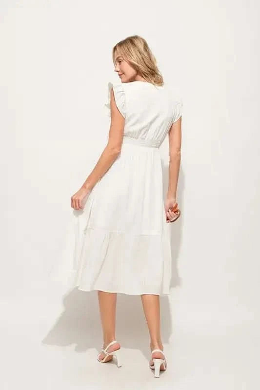 And The Why Ruffle Sleeve Front Smocked Tiered Midi Dress in - photo