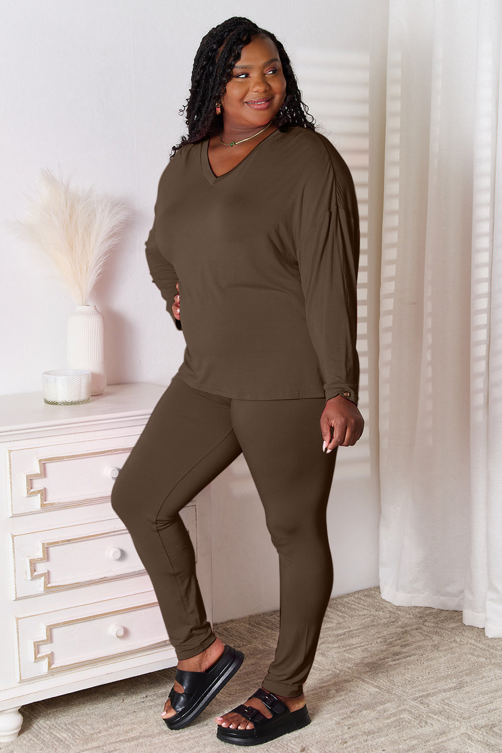 Basic Bae Bamboo Full Size V-Neck Long Sleeve Top and Pants Lounge Set in - Sets photo