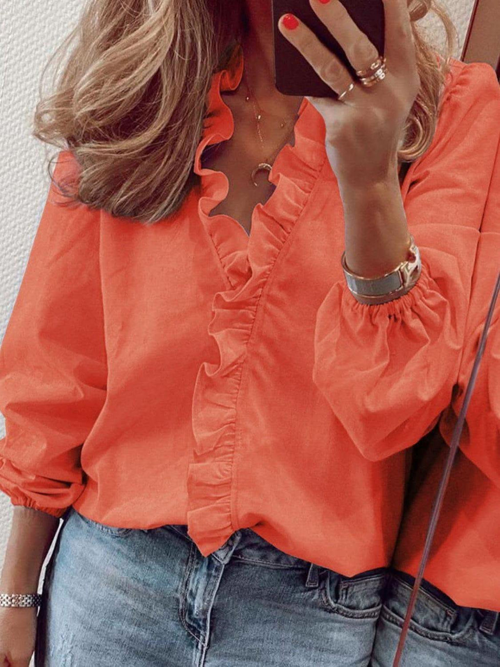 Andrea Full Size Ruffled V-Neck Long Sleeve Blouse - SwagglyLife Home & Fashion