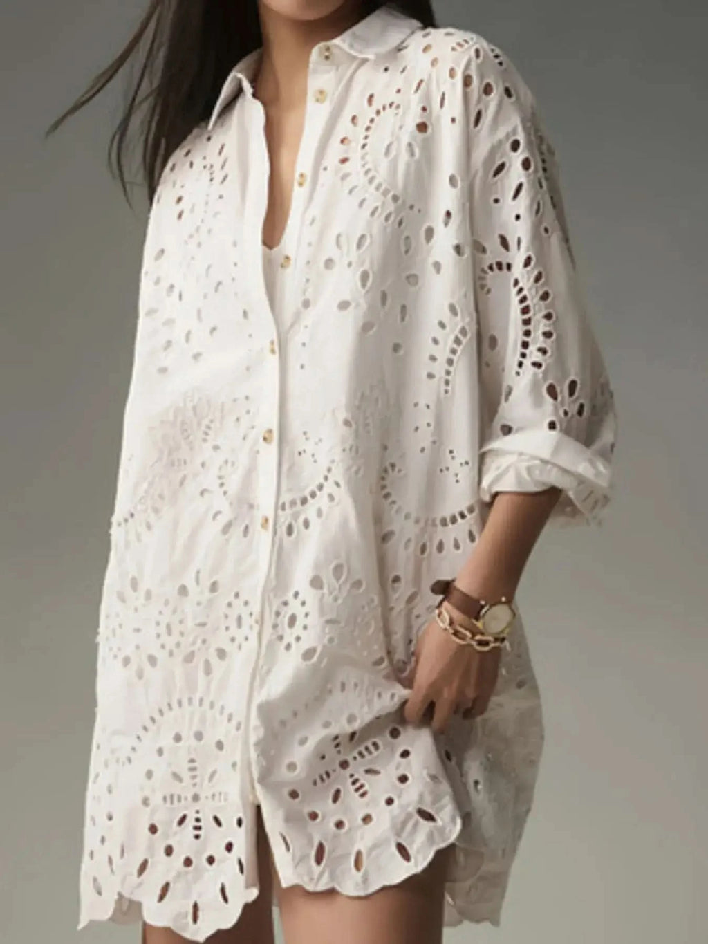 Eyelet Button Front Shirt Dress in White - photo