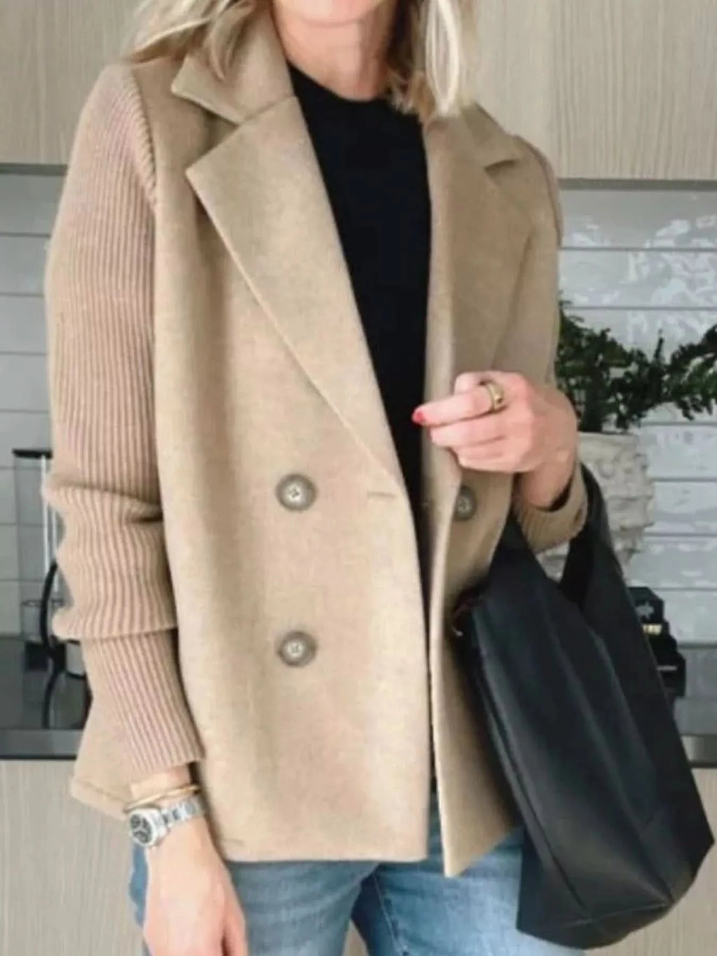 Knit Sleeve Double-Breasted Outerwear in Tan - photo