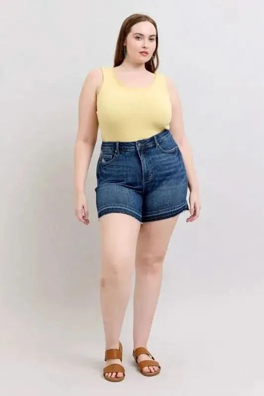 Judy Blue Plus Size HW Tummy Control Destroy Release Hem Denim Shorts - SwagglyLife Home & Fashion