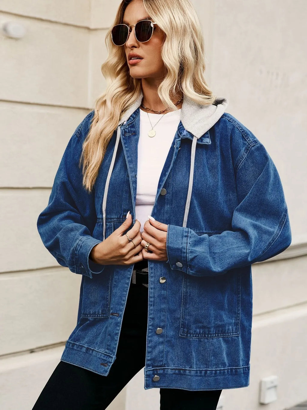 Oversized Button Up Denim Jacket with Hood in Dark Blue - photo