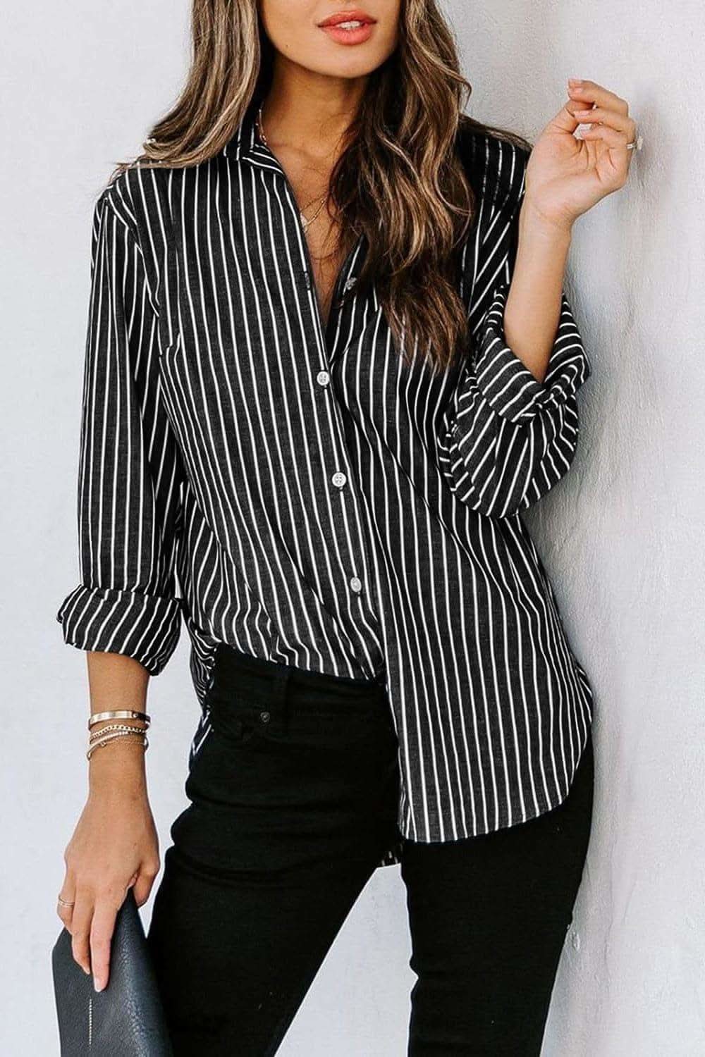 Striped Button Up Long Sleeve Shirt - SwagglyLife Home & Fashion
