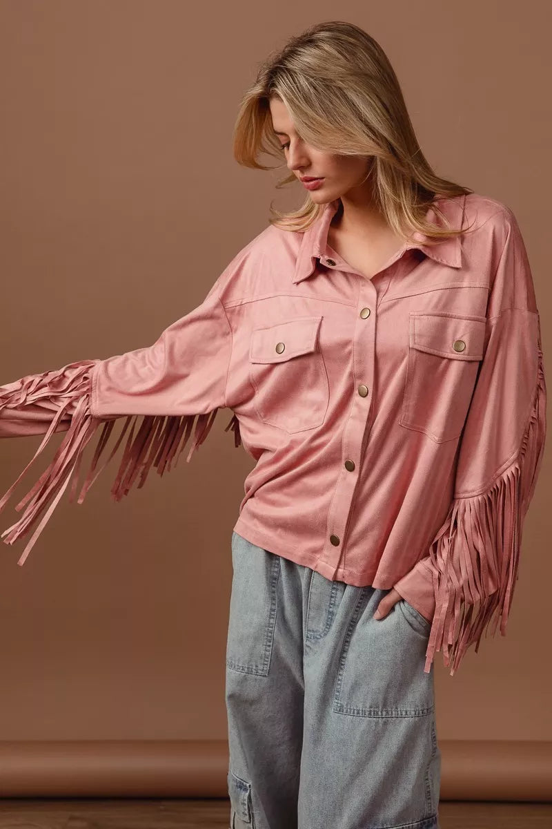 BiBi Suede Fringe Long Sleeve Jacket in - photo