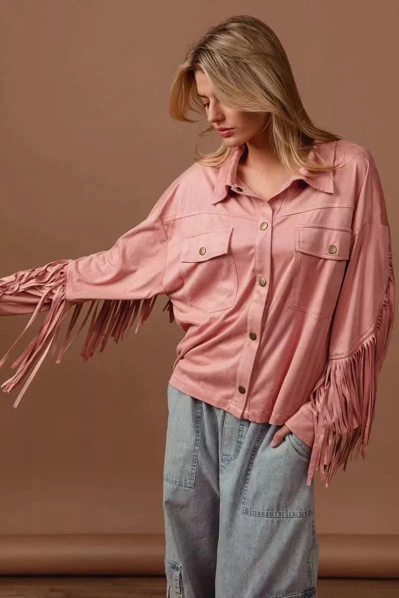 BiBi Suede Fringe Long Sleeve Jacket in - photo