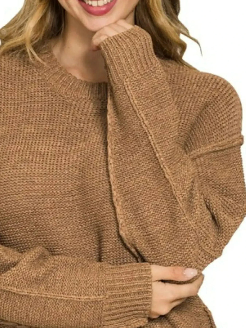 Zenana Exposed Seam Round Neck Sweater in - photo