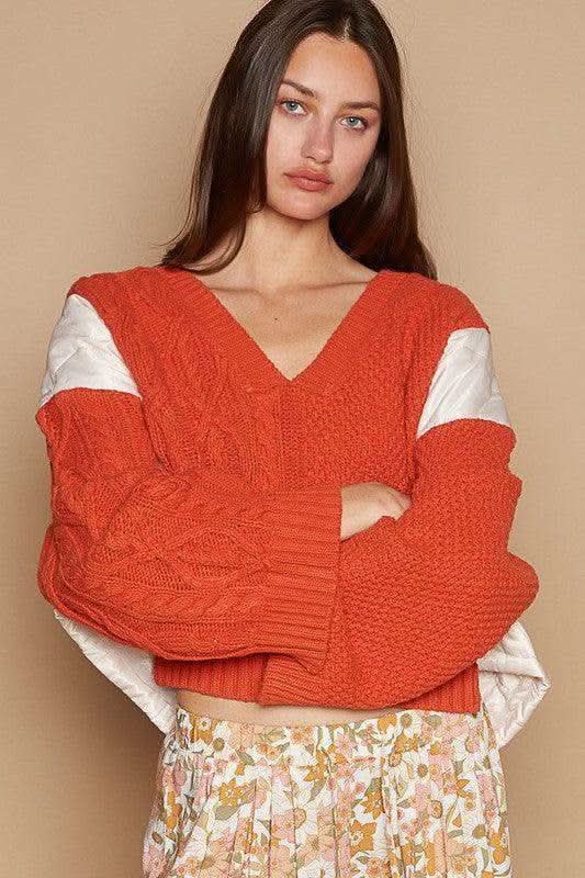 POL Cable Knit Quilting Patch V-Neck Contrast Sweater in - photo