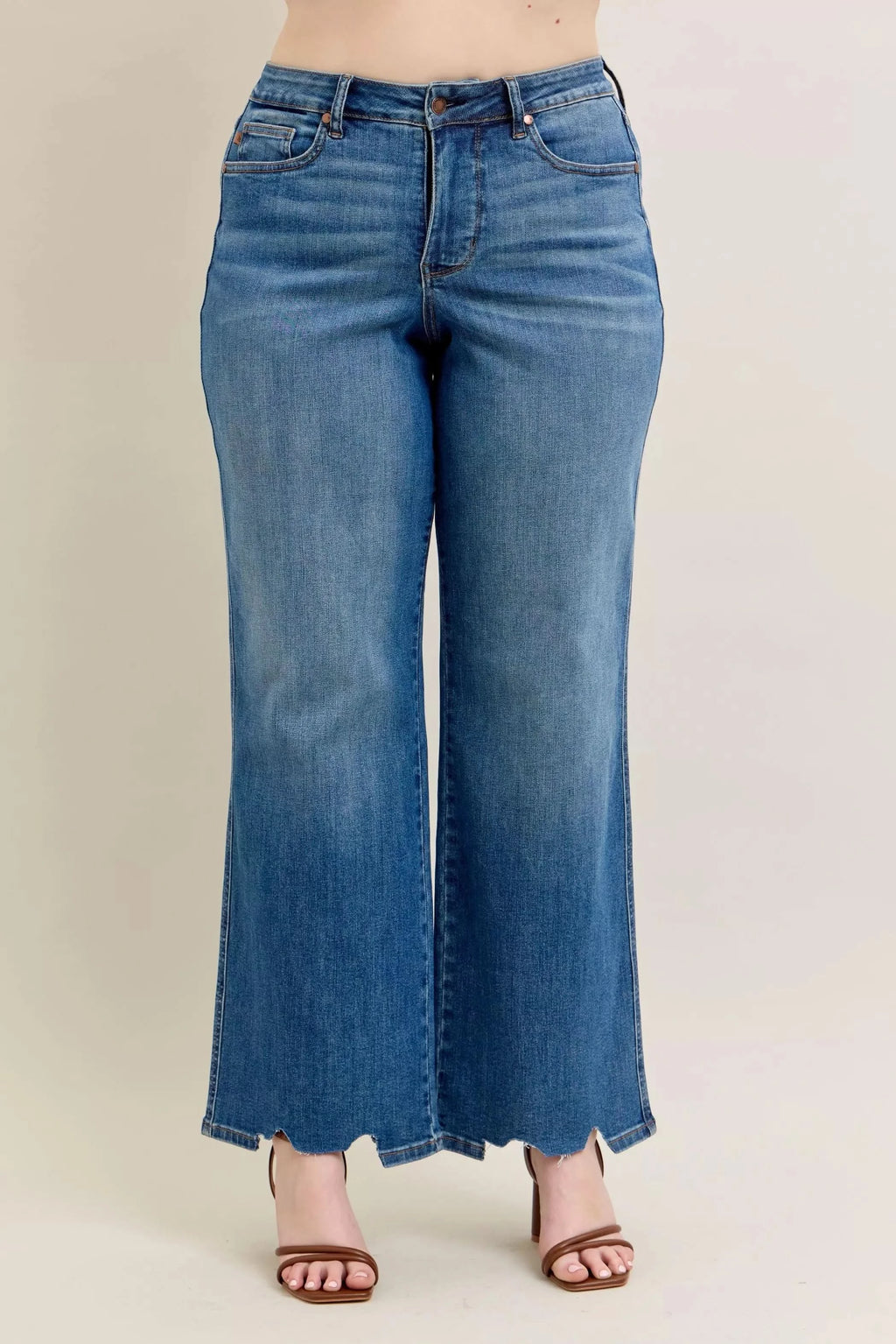 Judy Blue Full Size High Waist Tummy Control Chew Hem Destroy Wide Jeans Plus Size in - photo