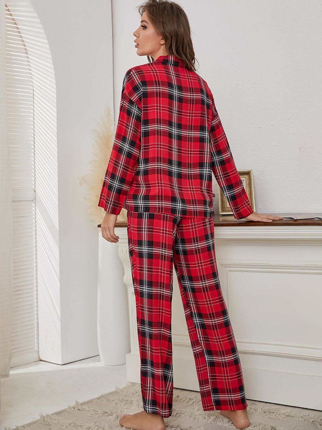 Plaid Collared Neck Long Sleeve Top and Pants Lounge Set Plaid Collared Neck Long Sleeve Top and Pants Lounge Set