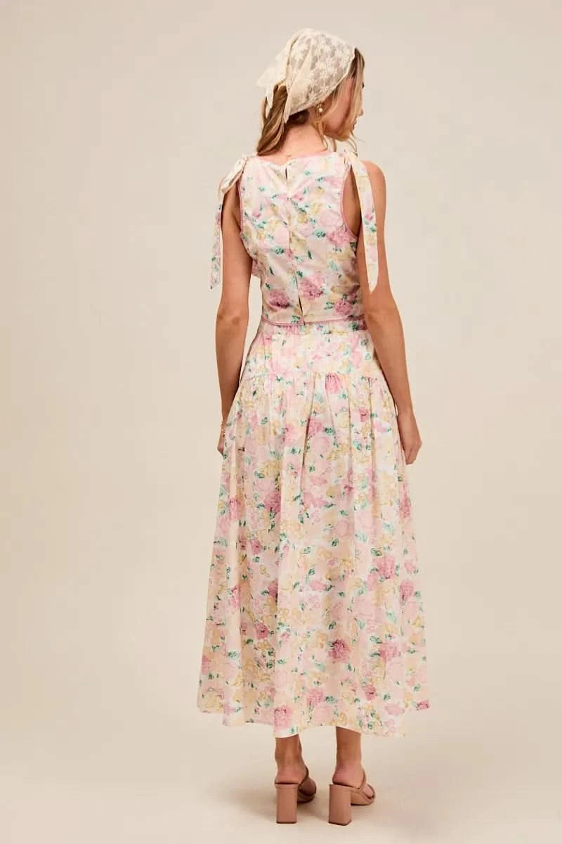 SO ME Floral Printed Woven Shoulder Bow Tie Top and Skirt Set in - photo