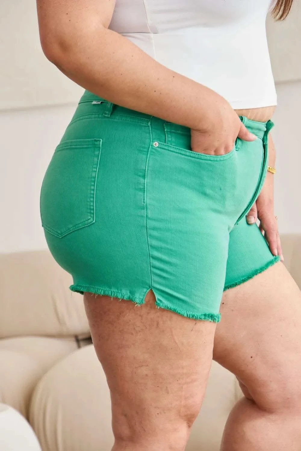 Tummy Control Raw Hem Denim Shorts – High Waist Comfort - SwagglyLife Home & Fashion