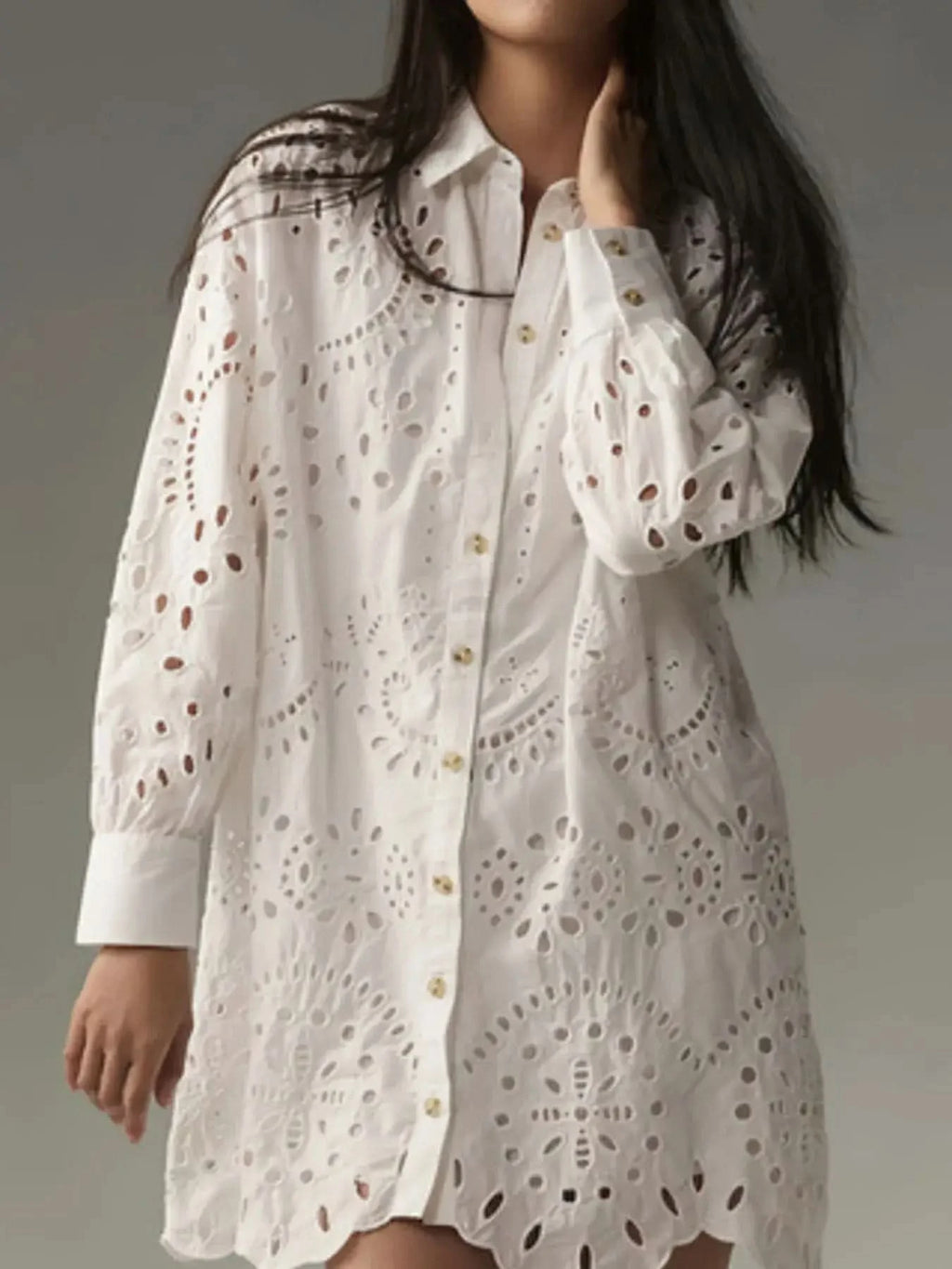 Eyelet Button Front Shirt Dress in - photo