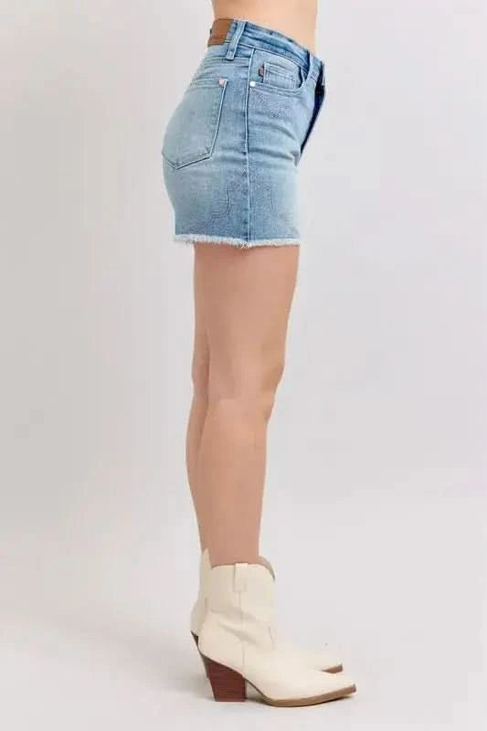 Judy Blue Full Size High Waist Western Embroidery Detail Cut Off Denim Shorts Plus Size in - photo