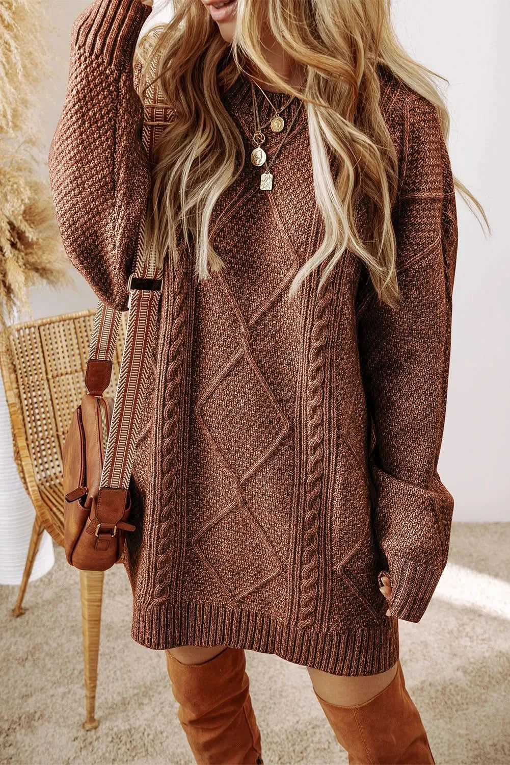 Cable-Knit Round Neck Sweater Dress in Taupe - photo