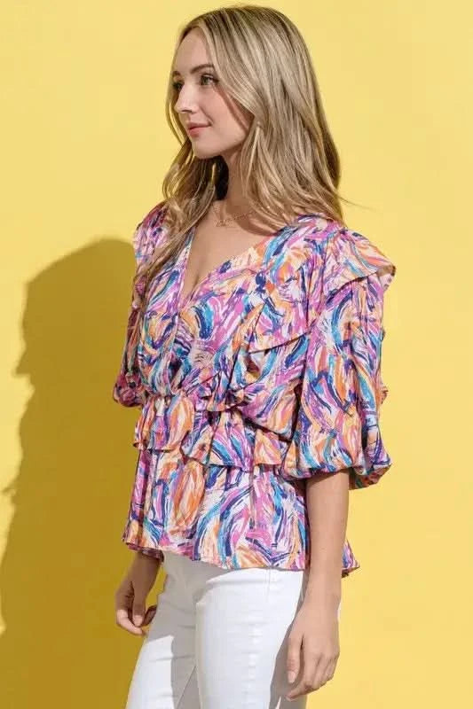 And The Why Printed Lantern Sleeve Blouse - SwagglyLife Home & Fashion And The Why Printed Lantern Sleeve Blouse - SwagglyLife Home & Fashion