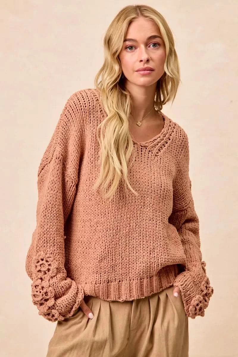 BiBi Chunky Knit Sweater with Flower Detail Sleeves in - photo