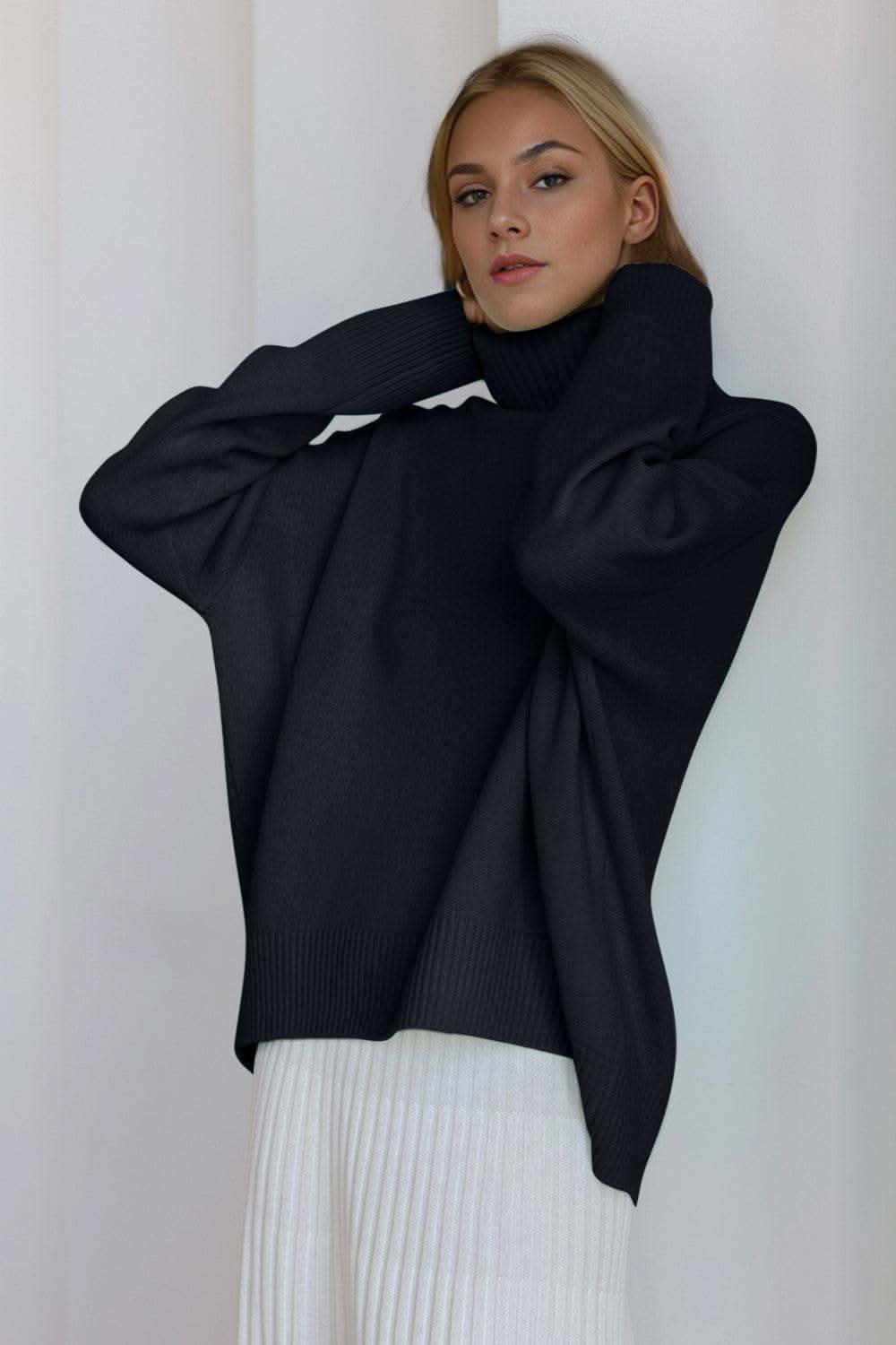 Basic Bae Turtleneck Dropped Shoulder Long Sleeve Sweater in Black One Size - sweater photo
