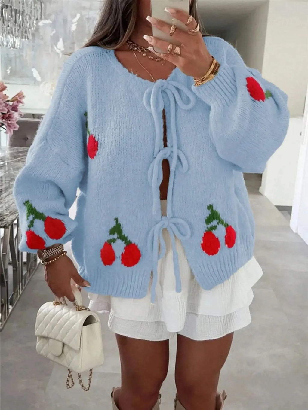 Cherry Pattern Tie-Front Oversized Cardigan in Light Blue - photo