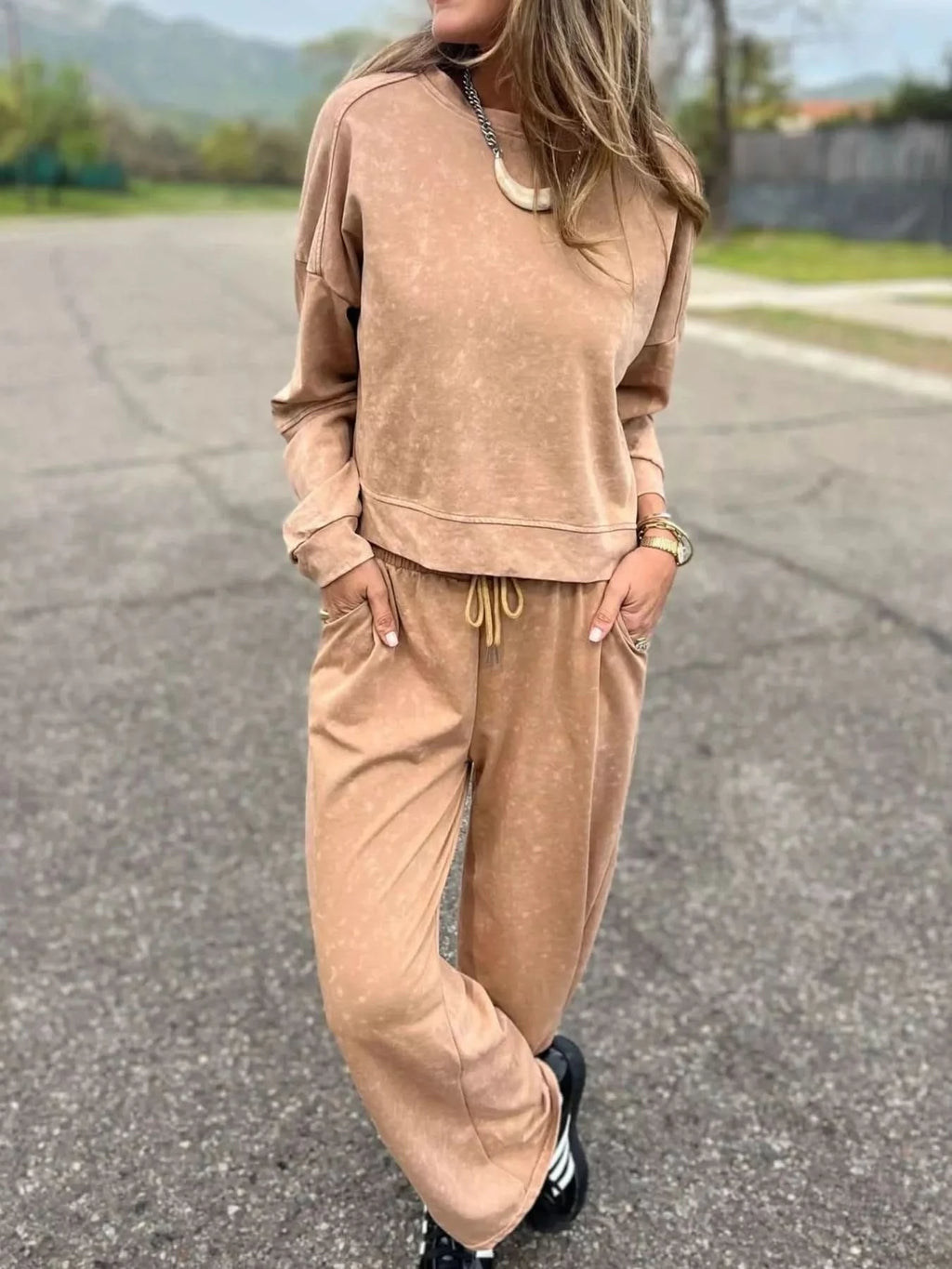 Full Size Washed Round Neck Top and Drawstring Pants Set Plus Size in Khaki - photo
