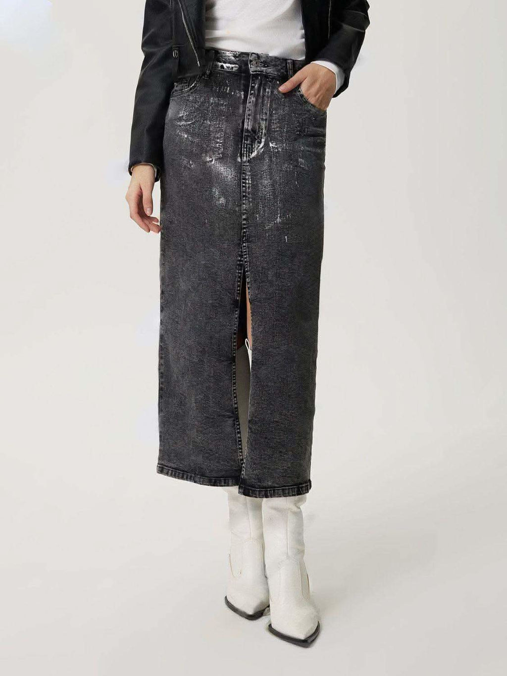 Slit Midi Denim Skirt with Pockets - SwagglyLife Home & Fashion