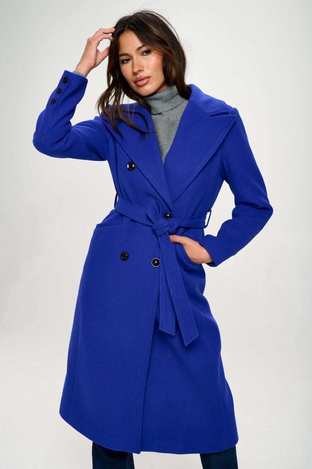 Coalition LA Double-Breasted Longline Coat with Belt in Royal Blue - Coats & Jackets photo