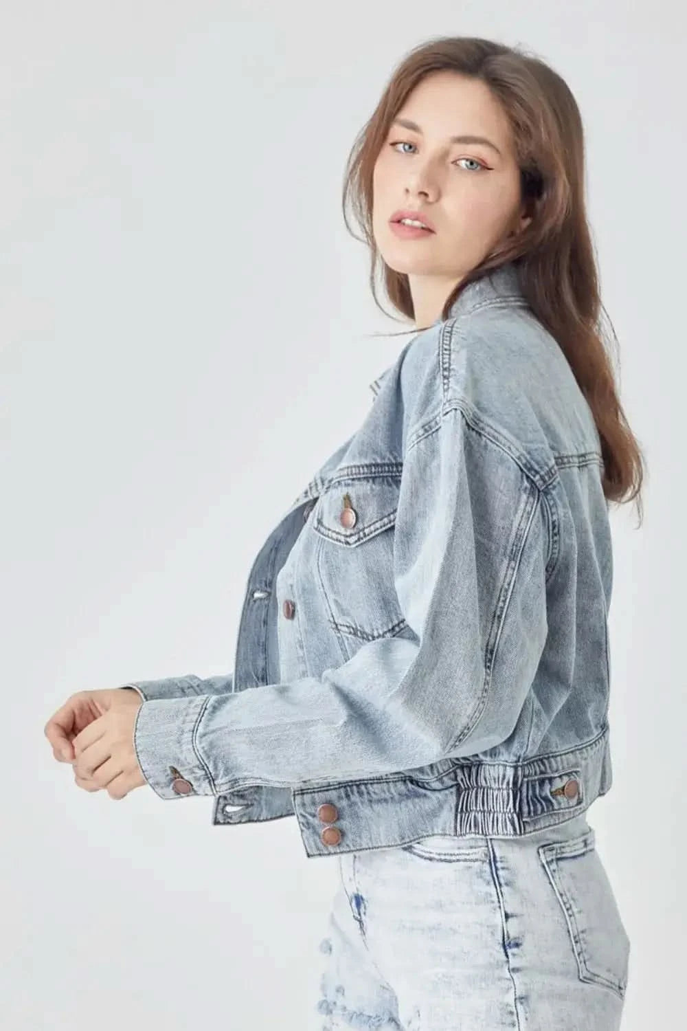 RISEN Full Size Button Down Cropped Denim Jacket in - photo