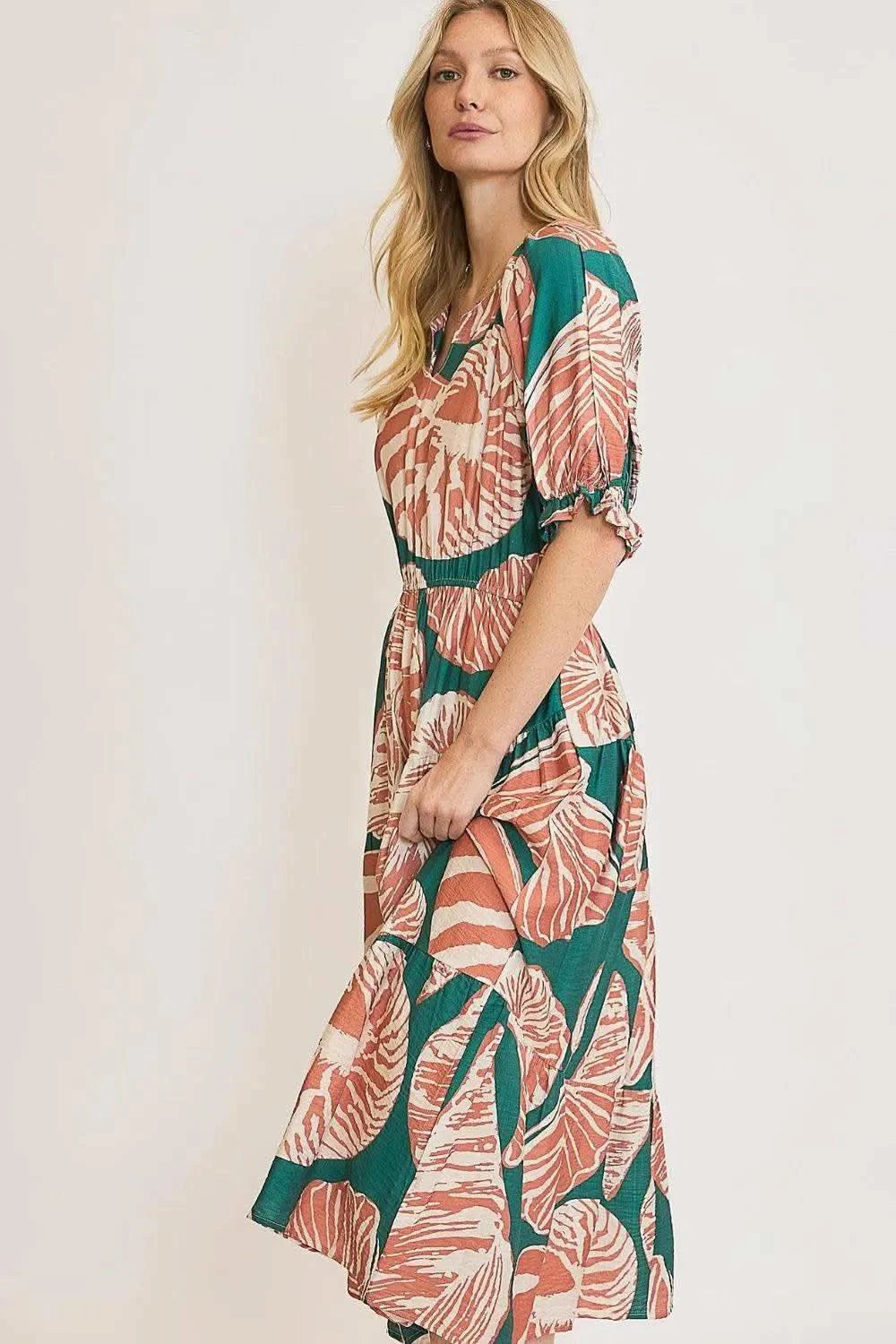 Umgee Full Size Printed Notched Puff Sleeve Midi Dress Plus Size in - Dresses photo