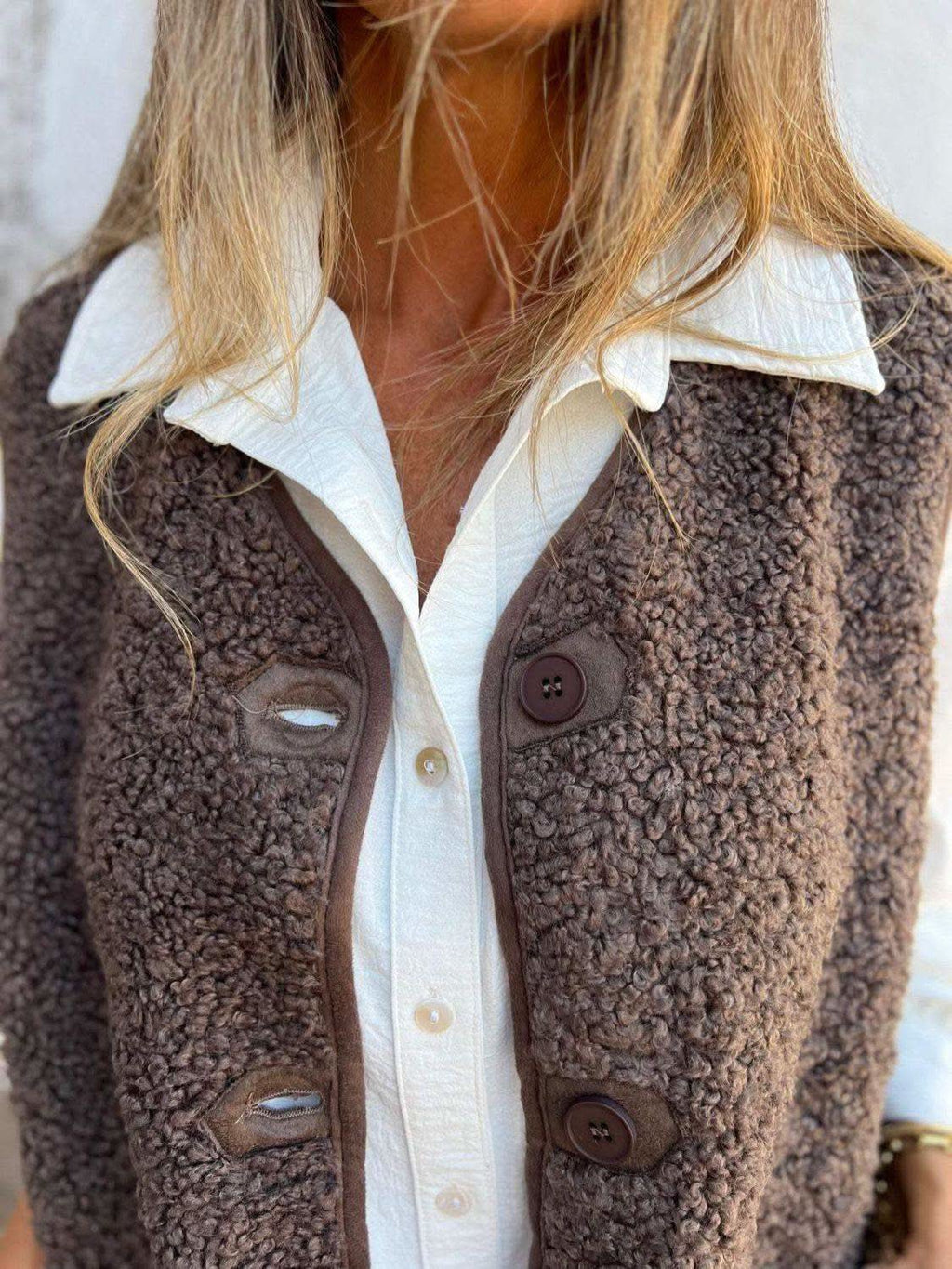 Full Size Pocketed Button Up V-Neck Sherpa Vest in - Vests photo