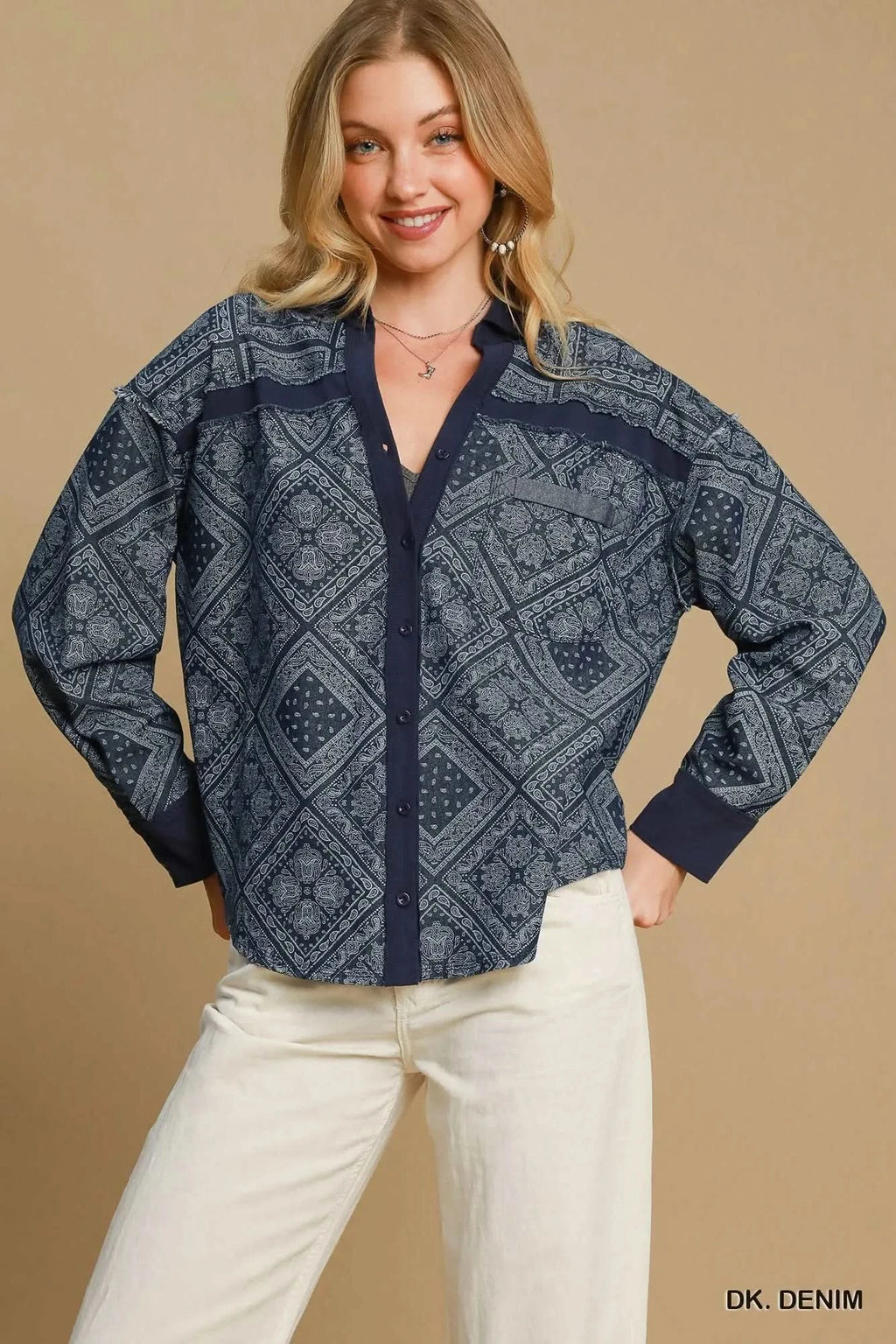 Umgee Paisley Print Denim Shirt Jacket in DK. DENIM - photo