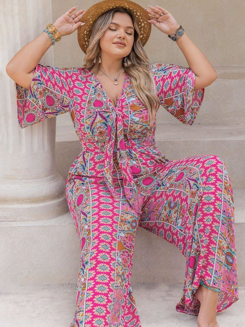 Plus Size Printed Half Sleeve Wide Leg Jumpsuit in - photo