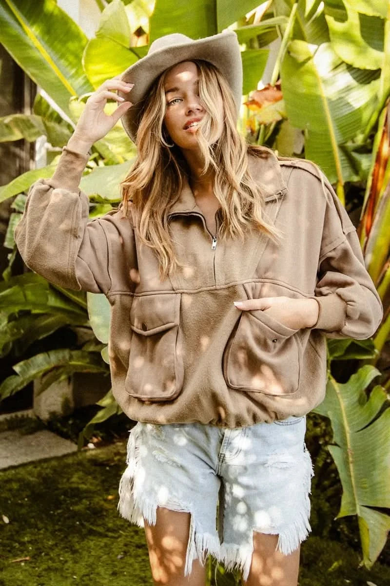 BiBi Half Zip Vintage Washed Fleece Pullover in - photo