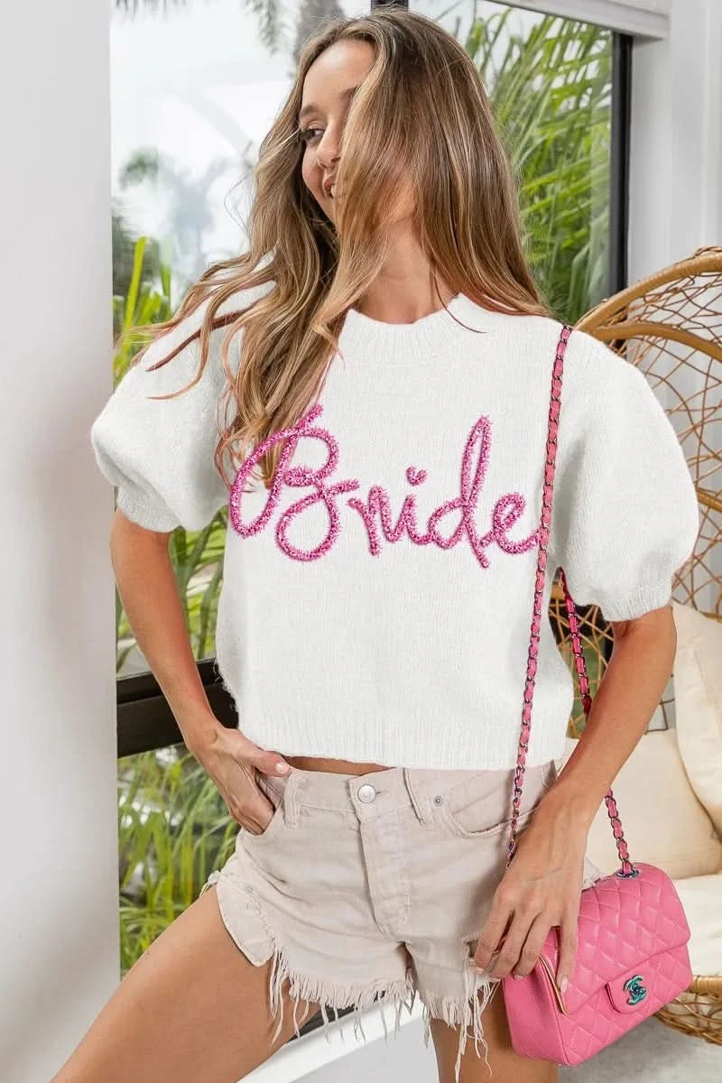 BiBi Metallic Letter Short Puff Sleeve Hairy Sweater in - photo