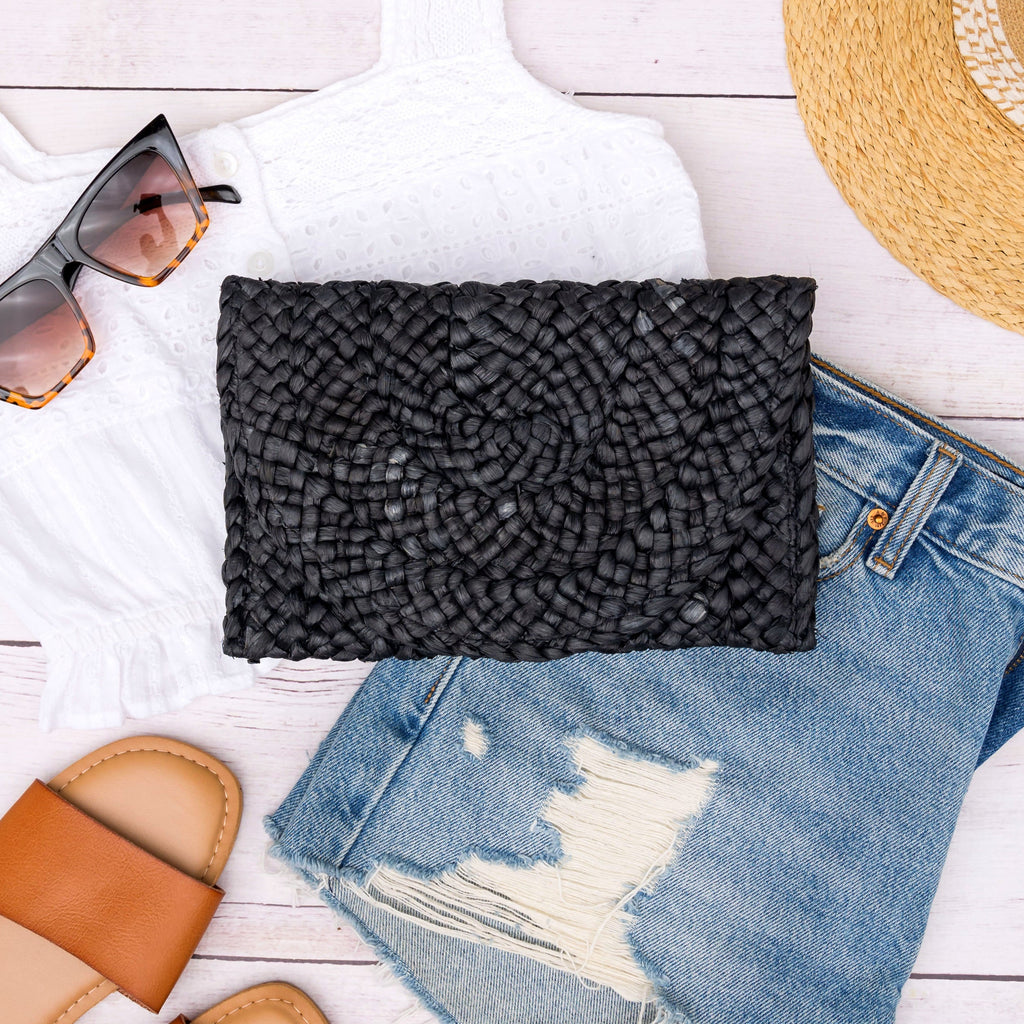 Foldover Straw Clutch in Black - photo