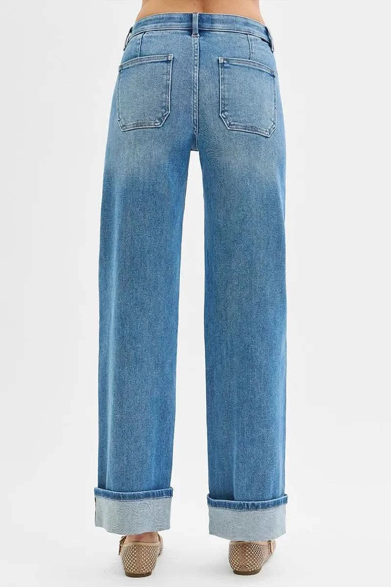 RISEN Full Size Elastic Band Mid Rise Wide Front Patch Pocket Cuff Jeans Plus Size in - photo