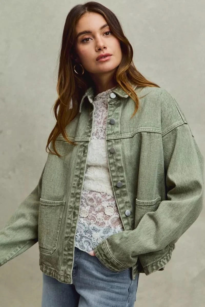 SO ME Vintage Washed Button Twill Shacket in - photo