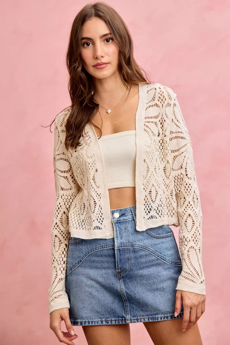 SO ME Crochet Knit Long Sleeves Cardigan Sweater in - photo