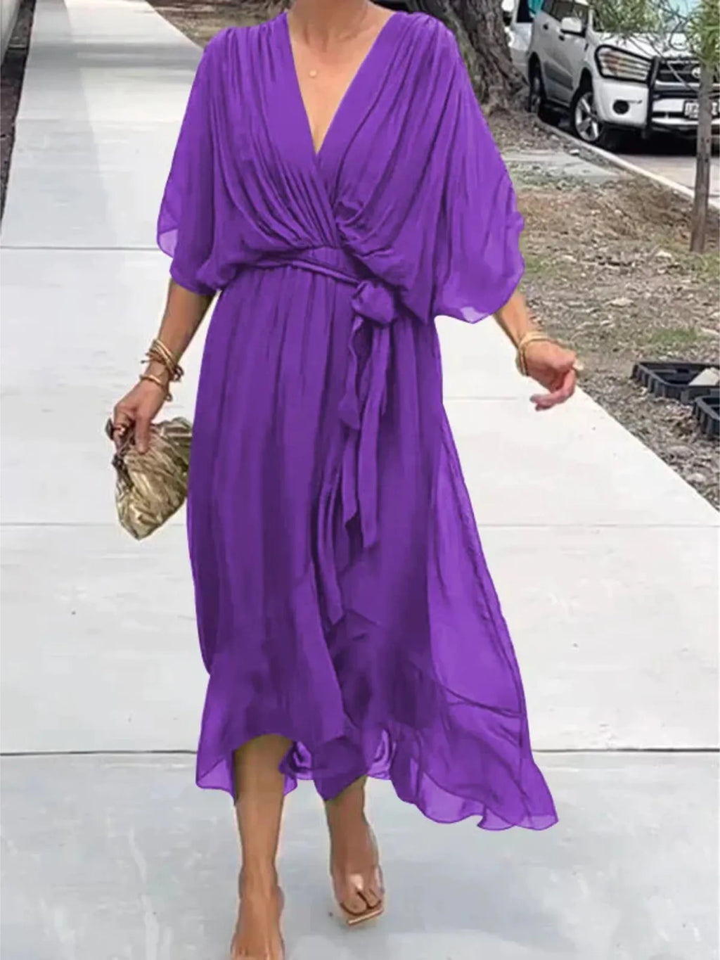 Flowy Tie Front Midi Dress with Flutter Sleeves in Purple - photo