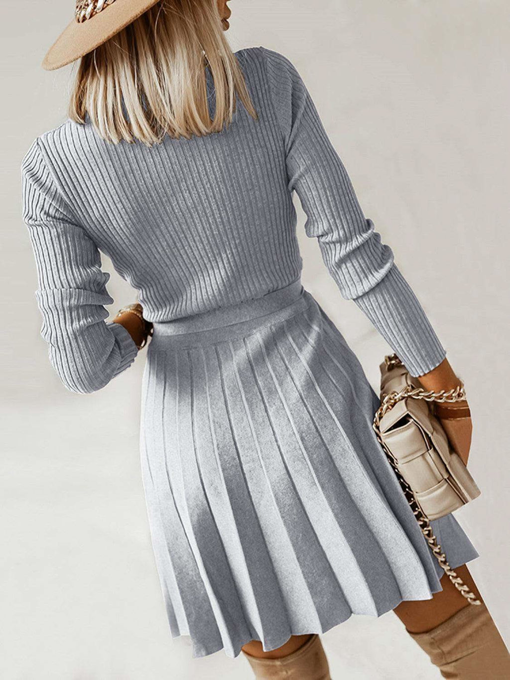 Surplice Neck Tie Front Pleated Sweater Dress in - photo