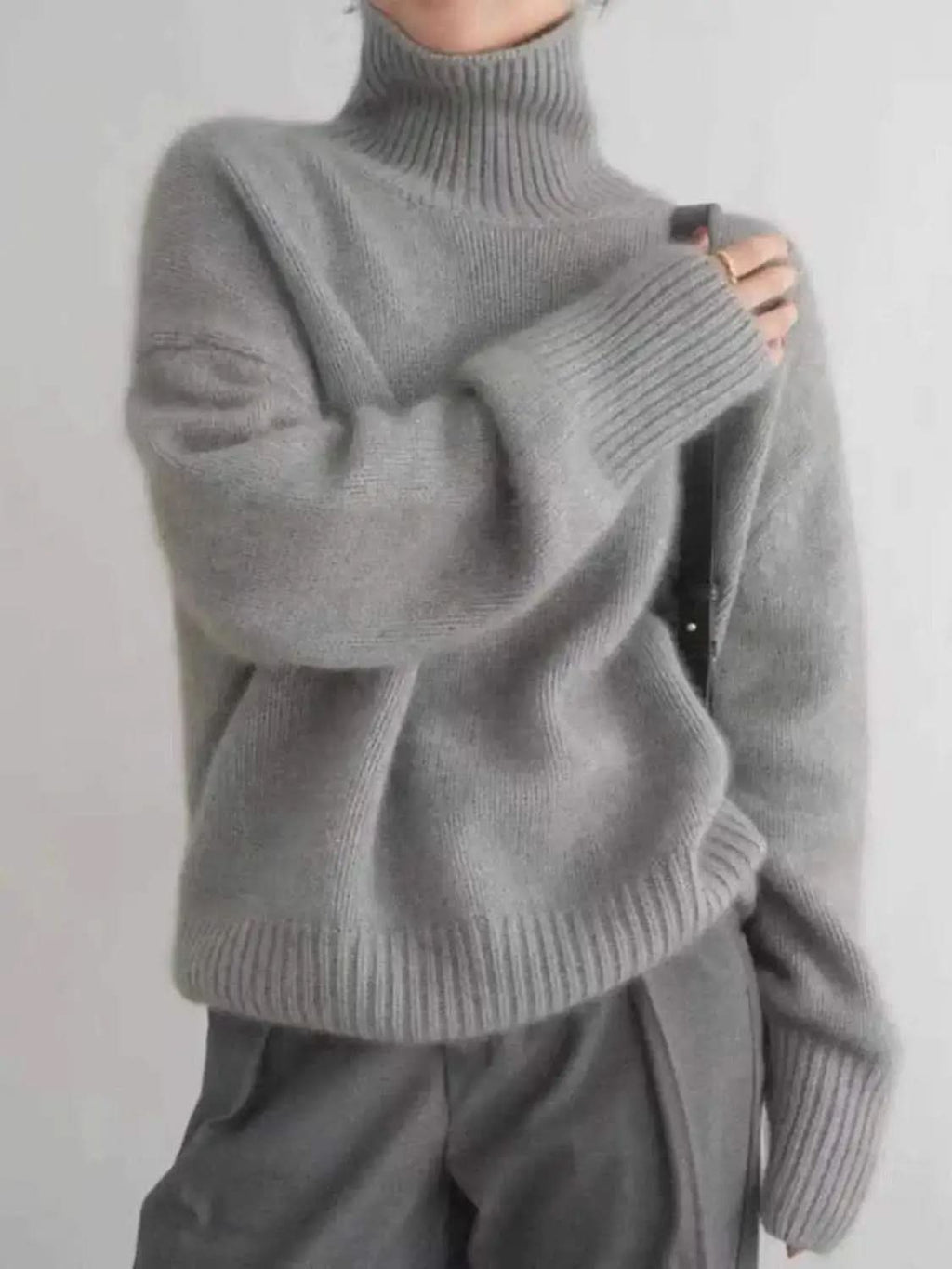 Turtleneck Dropped Shoulder Long Sleeve Sweater in Gray One Size - Sweaters photo