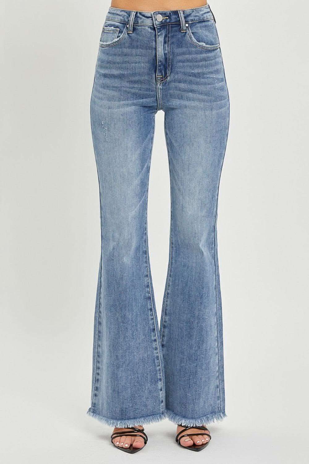 RISEN Full Size High Waist Raw Hem Flare Jeans in - photo