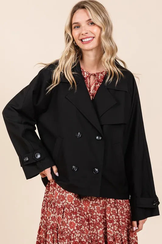 Mittoshop Double Breasted Long Sleeve Trench Coat Jacket in Black - photo