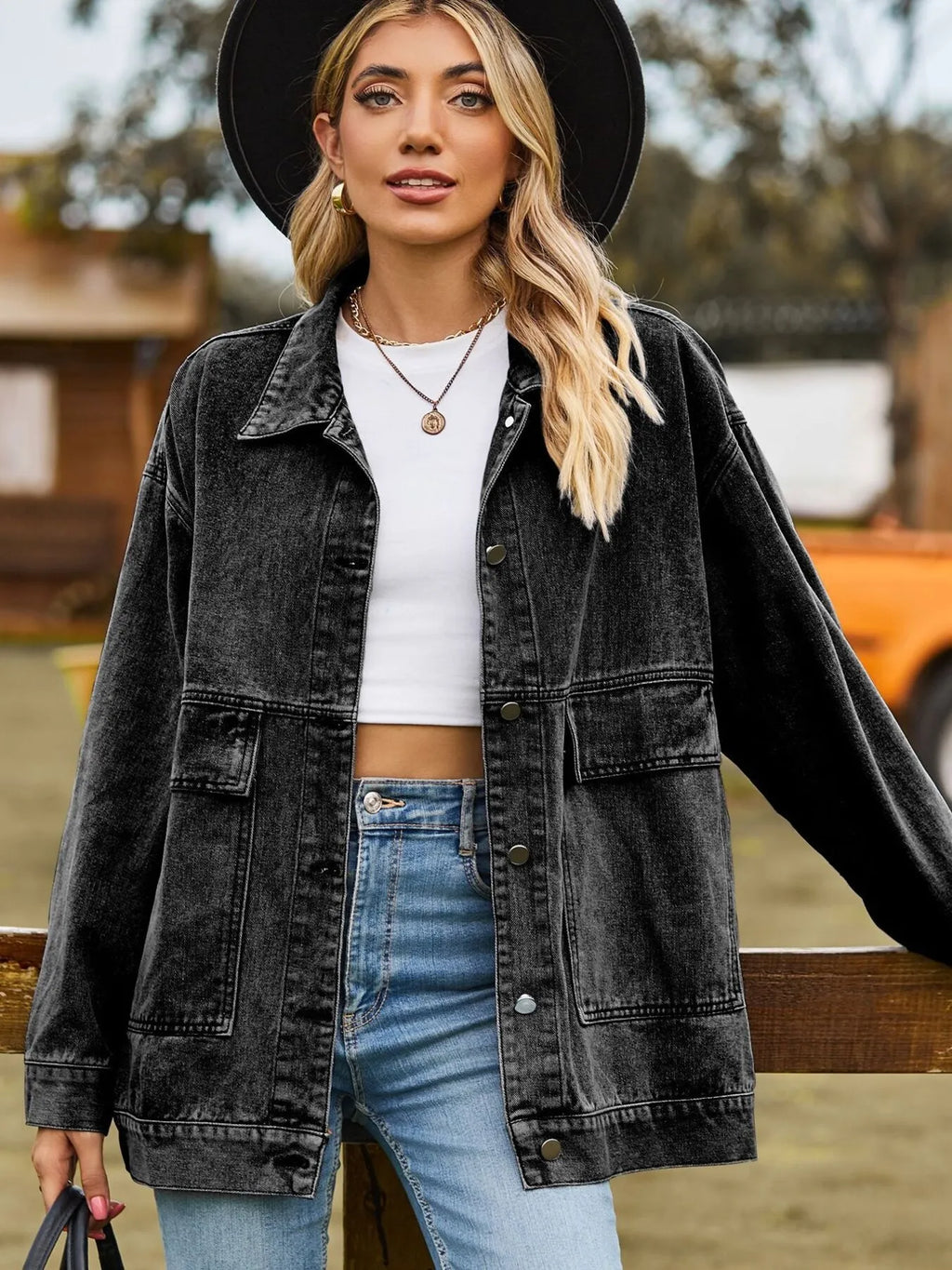 Oversized Button Up Denim Jacket with Hood in - photo
