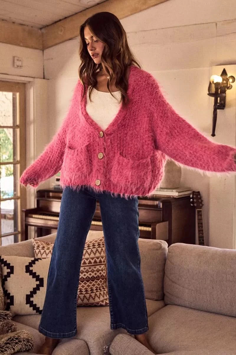 SO ME Soft Touch Hairy Loose Fit Cozy Sweater Cardigan in - photo