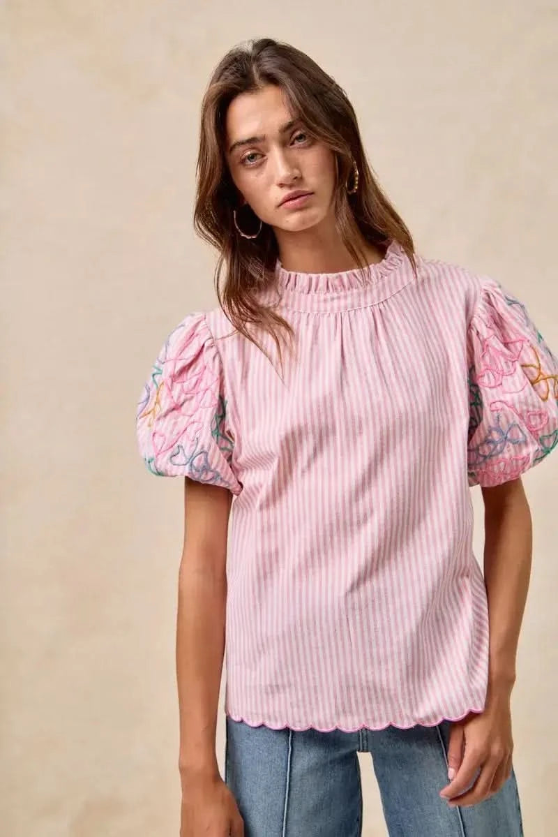 BiBi Embroidery Bubble Sleeve Top With Bottom Scallop Detail in - photo