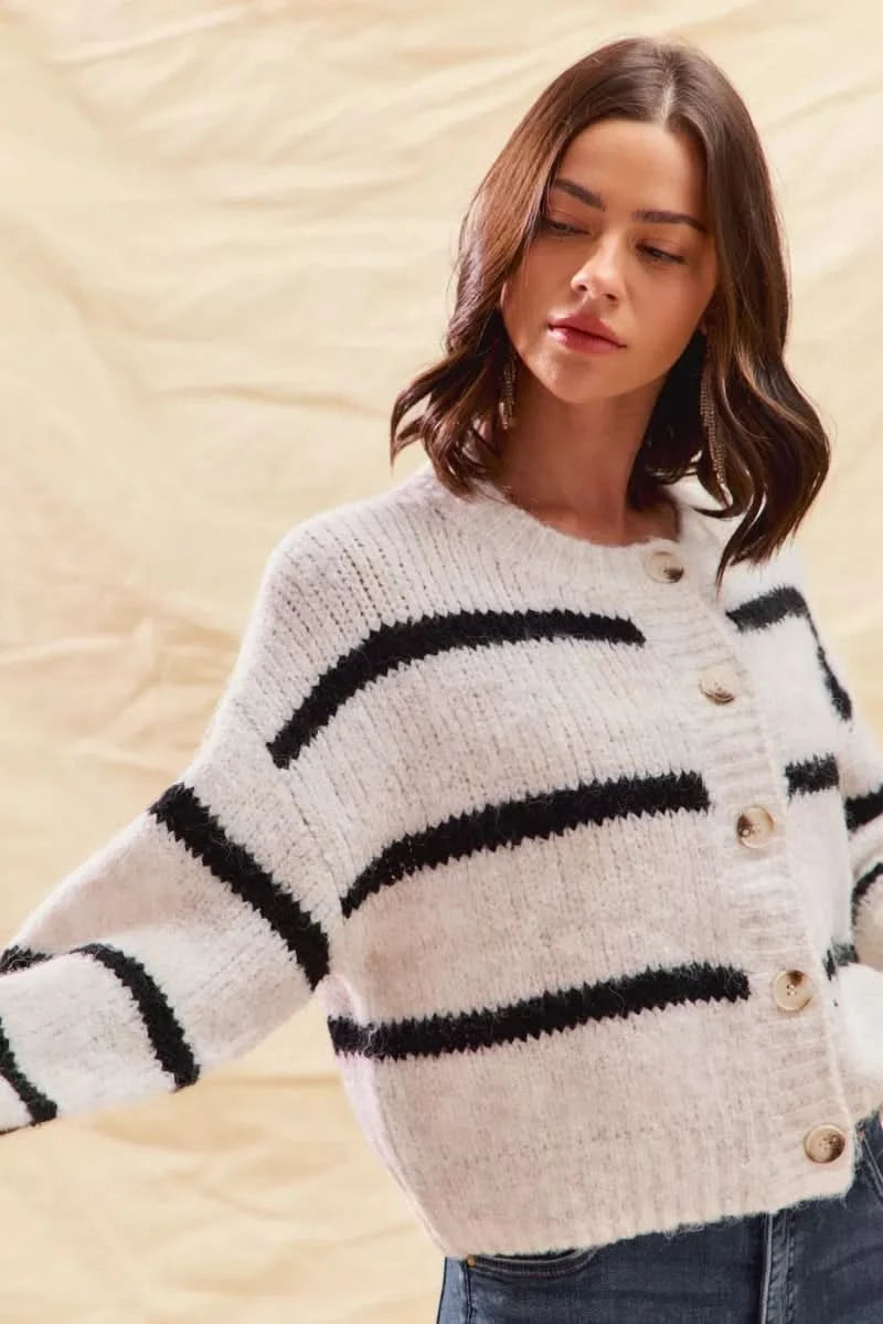 SO ME Stripe Soft Touch Button Cozy Sweater Cardigan in - photo