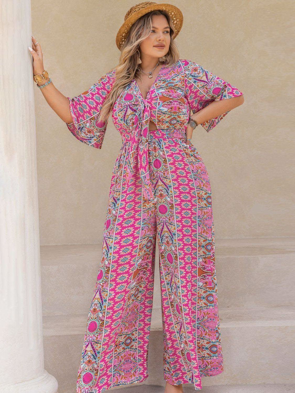Plus Size Printed Half Sleeve Wide Leg Jumpsuit in - photo