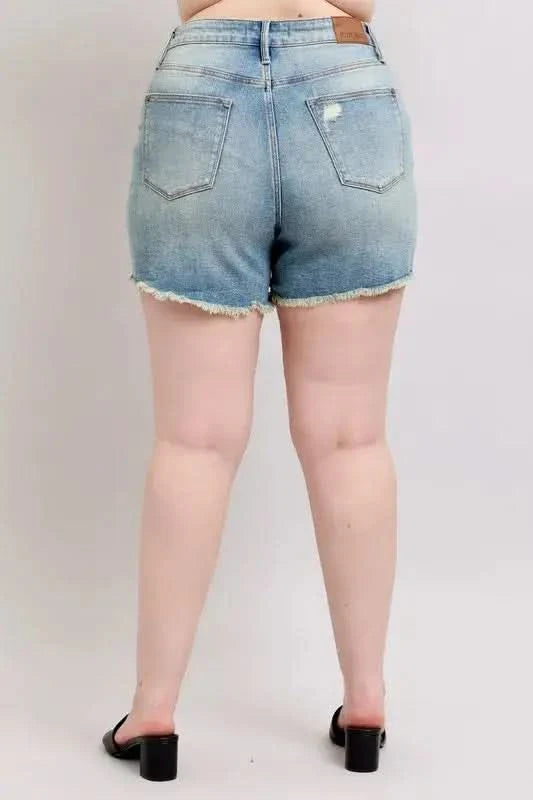 Judy Blue Plus Size High Rise Washed Fly Stitch Detail and Destroy Denim Shorts - SwagglyLife Home & Fashion