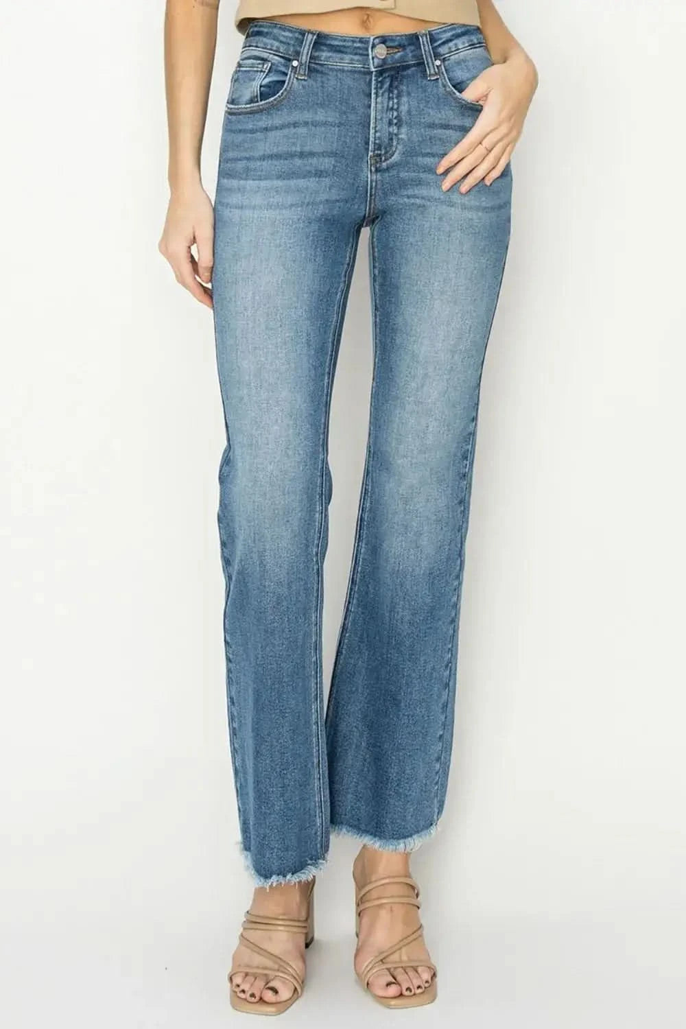 RISEN Mid-Rise Frayed Hem Bootcut Jeans in Medium - photo