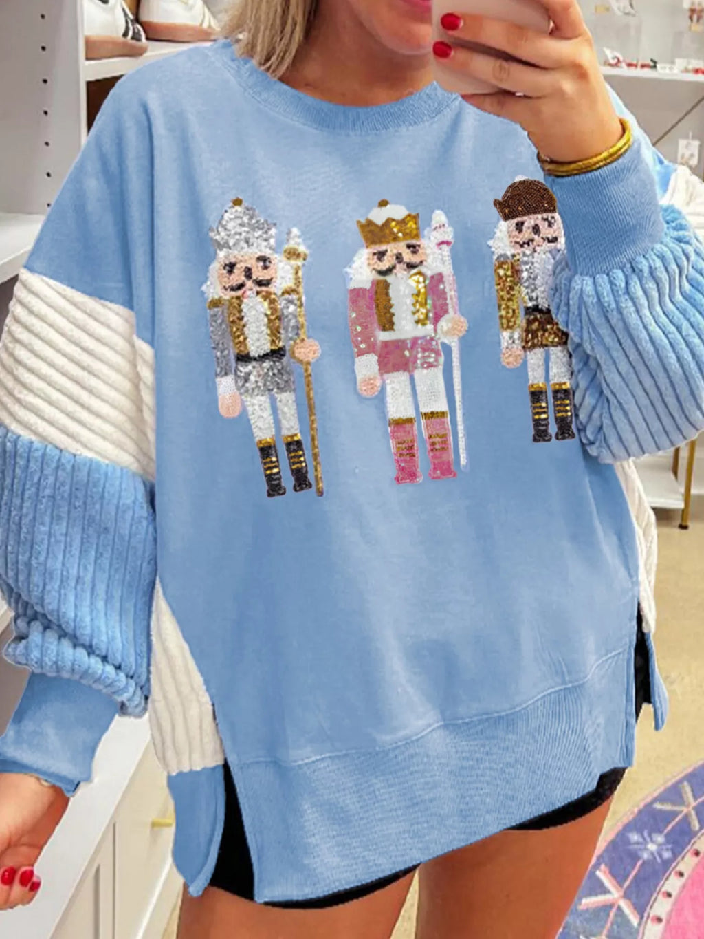 Christmas Sequin Nutcracker Textured Sleeve Patchwork Sweatshirt in - photo